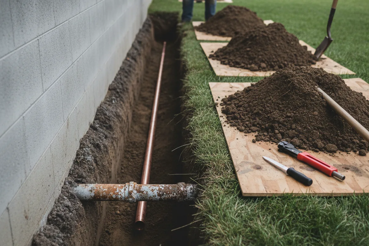 Excavated water line trench during Water Softener Installation in Acampo